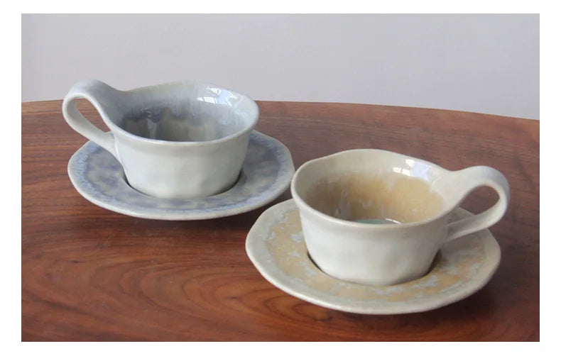 Ceramic espresso cup handcrafted kiln-glazed with matching saucer