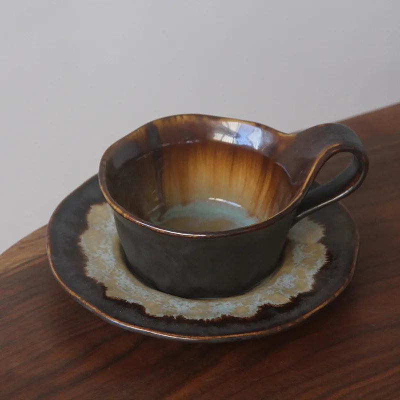 Ceramic espresso cup handcrafted kiln-glazed with matching saucer