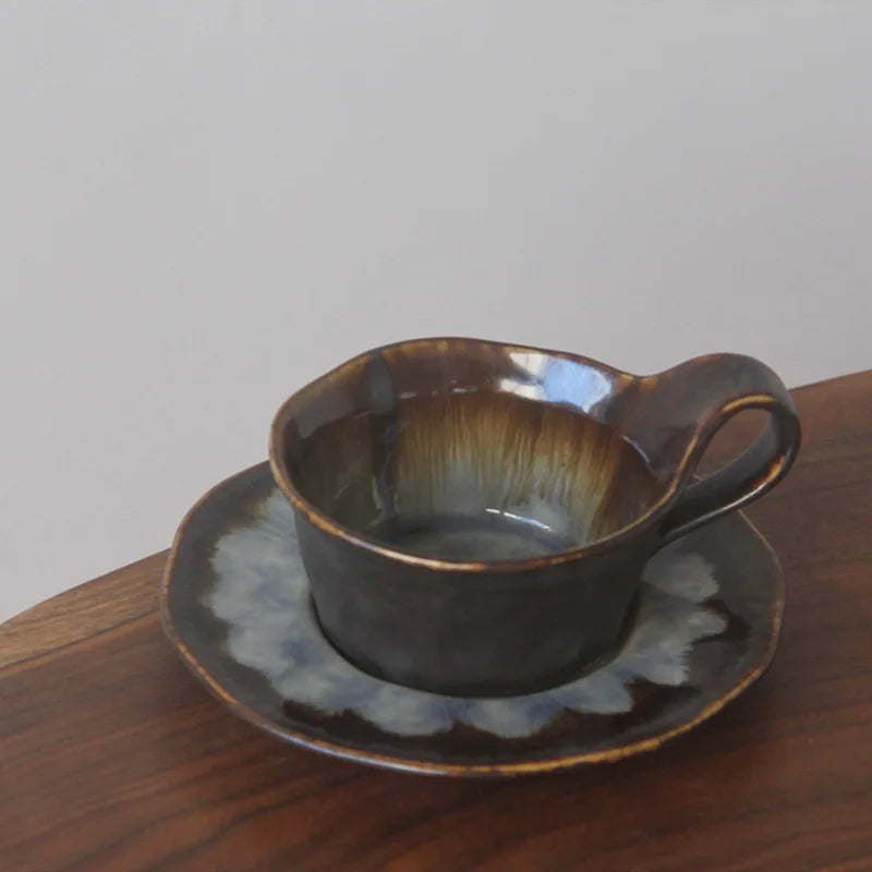 Ceramic espresso cup handcrafted kiln-glazed with matching saucer