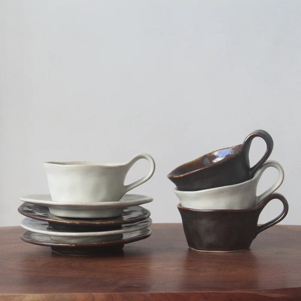 Ceramic espresso cup handcrafted kiln-glazed with matching saucer