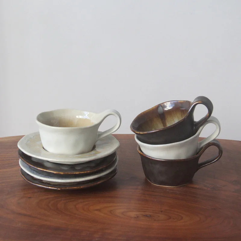 Ceramic espresso cup handcrafted kiln-glazed with matching saucer