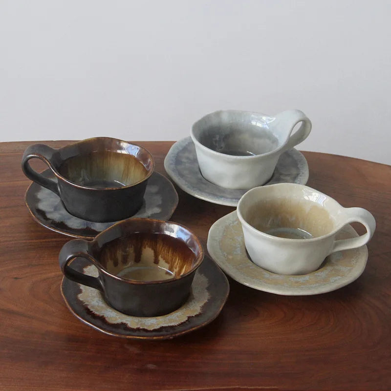 Ceramic espresso cup handcrafted kiln-glazed with matching saucer