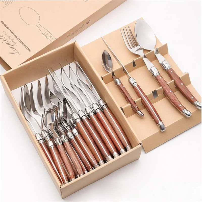 Stainless steel 24pcs cutlery set with polished finish and wooden handles 