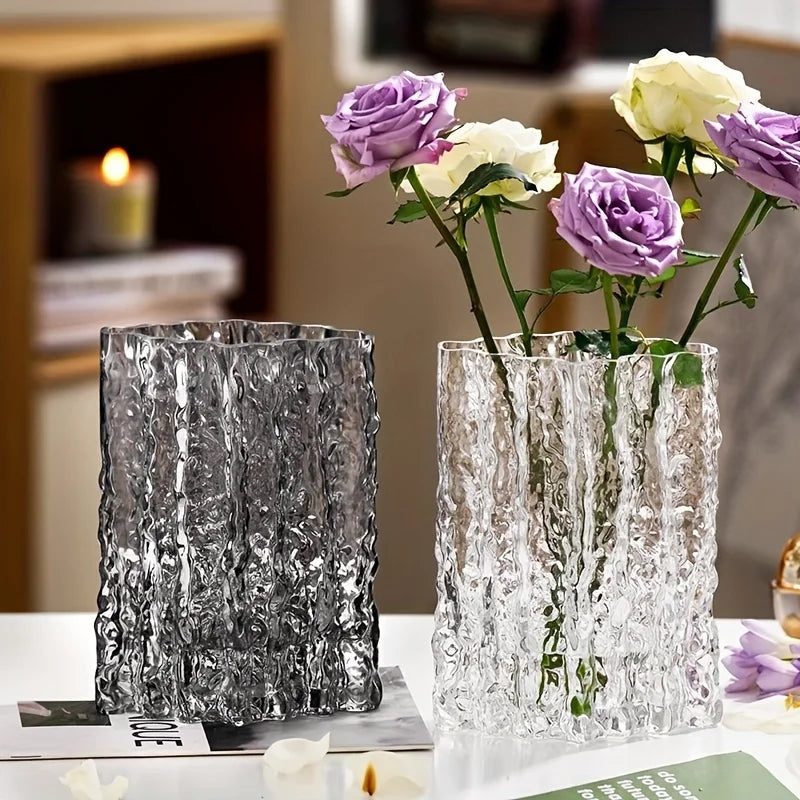 Textured glass glass flower vase wide base glass crystal vase