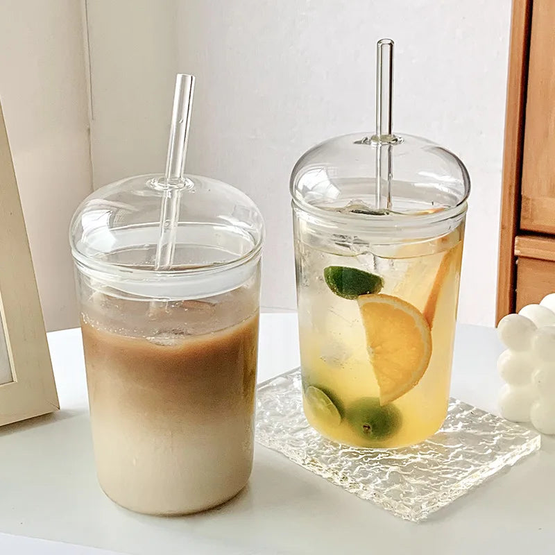 boba glass cup with lid and straw heat resistant glass cup with cleaning brush