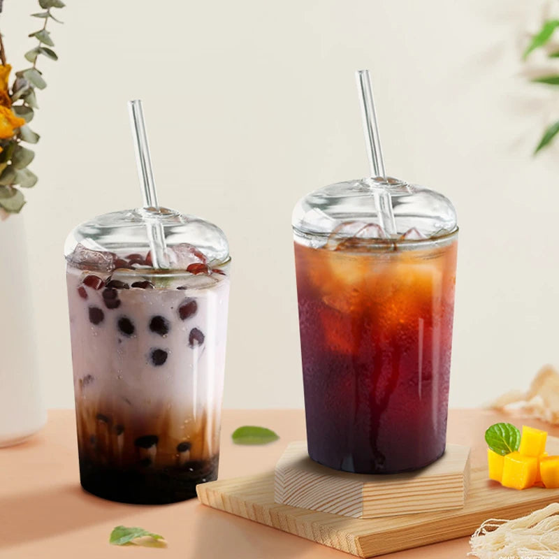 boba glass cup with lid and straw heat resistant glass cup with cleaning brush