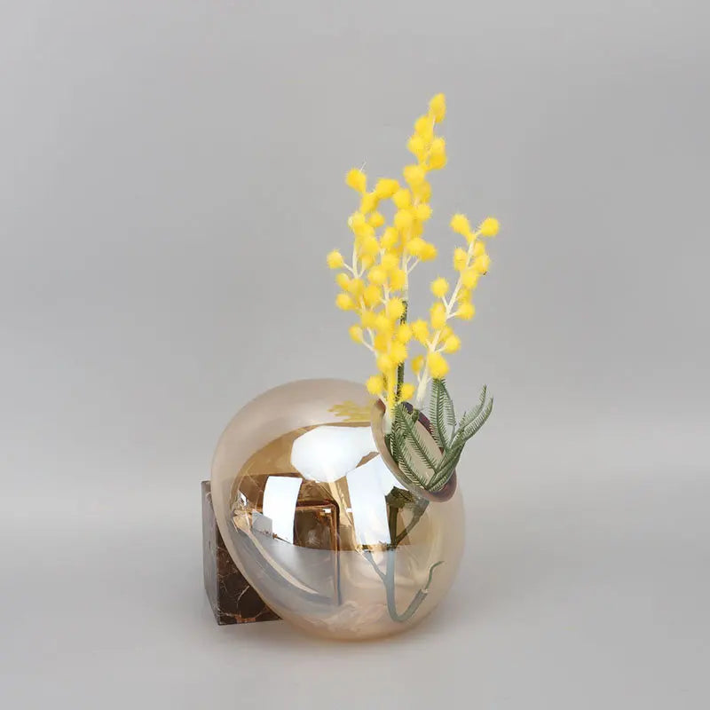 Transparent Amber Brown Glass Vase Orb-Shaped Vase with Marble Vase for Flower Decor