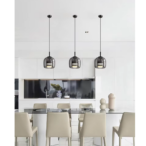 Smoked glass table lamp and pendant light with modern design and elegant finish