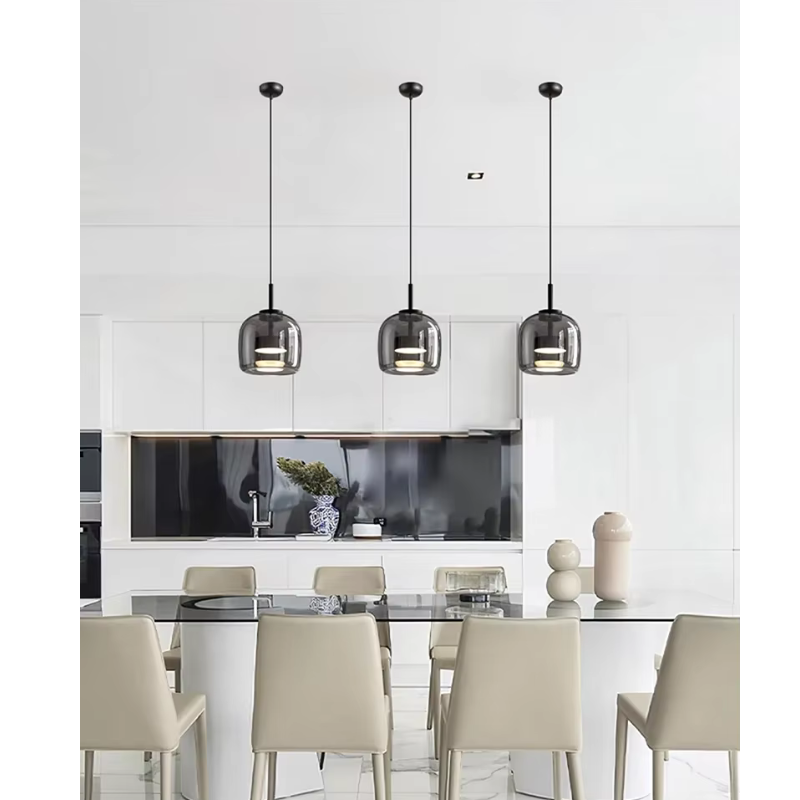 Smoked glass table lamp and pendant light with modern design and elegant finish