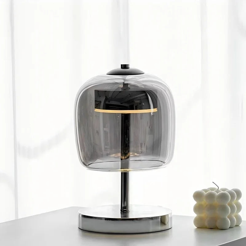 Smoked glass table lamp and pendant light with modern design and elegant finish