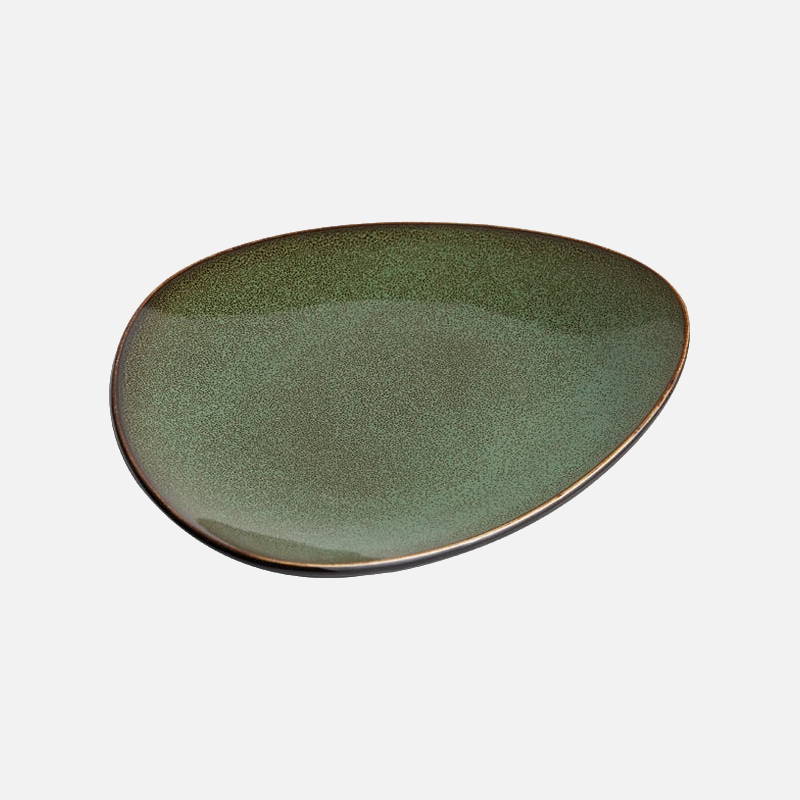 Ceramic special-shaped triangular dinner plate green reactive glaze modern asymmetrical dining plate durable