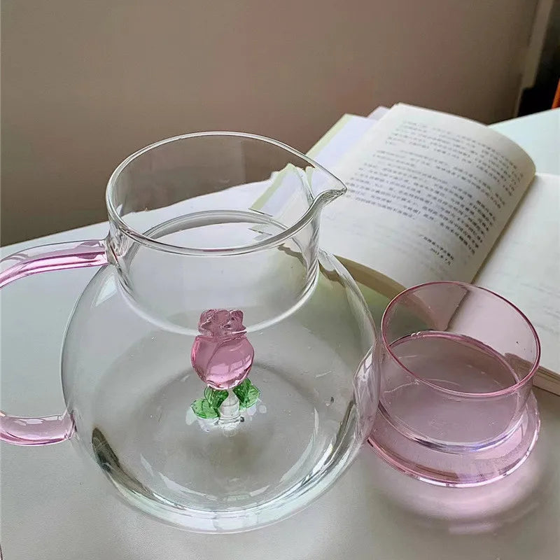 3D Rose Blossom Glass Cup & Pitcher Set