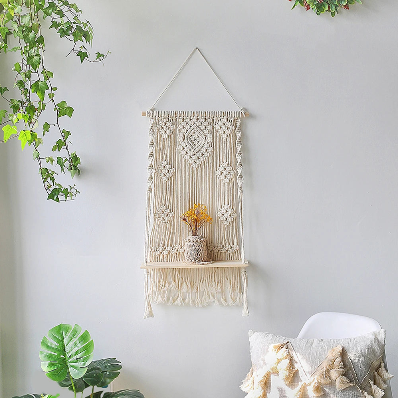 Macrame Shelf Hanging Wall Boho Inspired Floating Wall Shelf For Plants and Home Decor