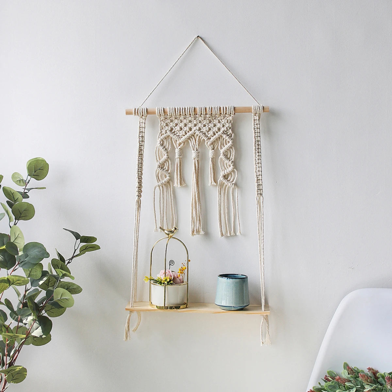 Macrame Shelf Hanging Wall Boho Inspired Floating Wall Shelf For Plants and Home Decor