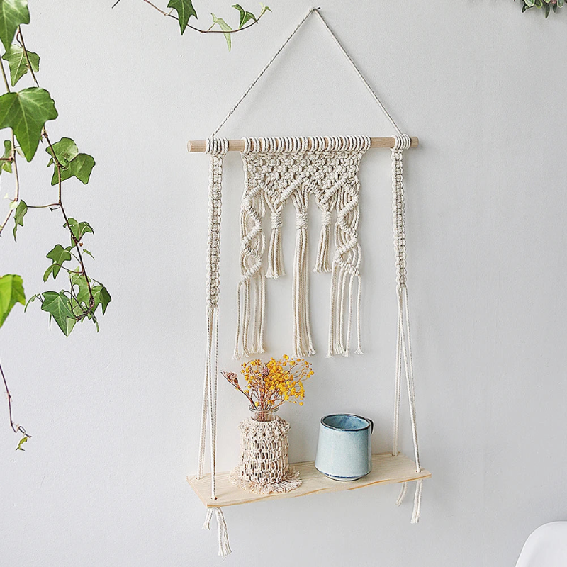 Macrame Shelf Hanging Wall Boho Inspired Floating Wall Shelf For Plants and Home Decor