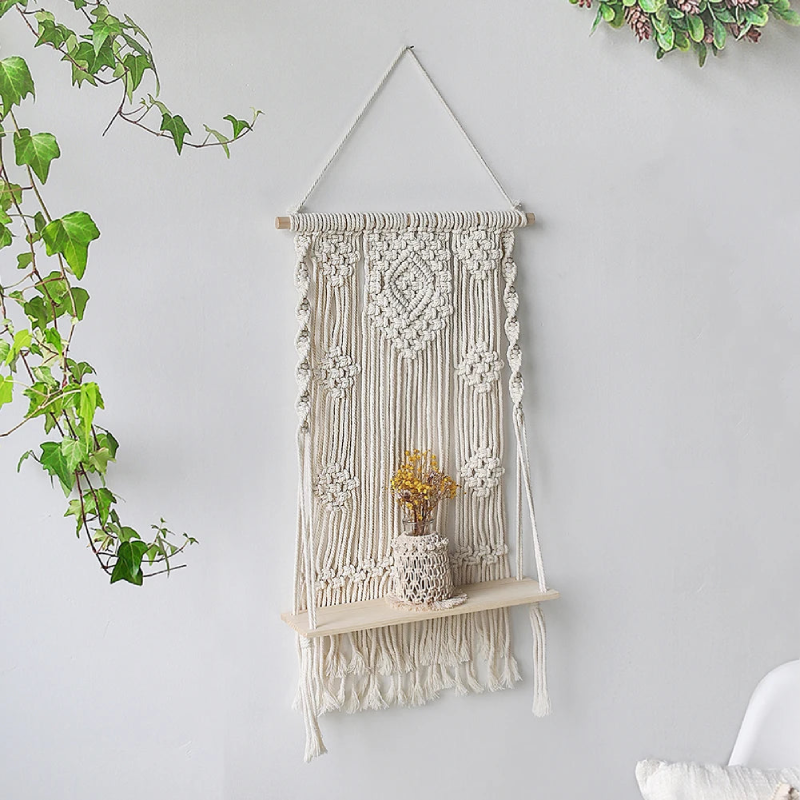 Macrame Shelf Hanging Wall Boho Inspired Floating Wall Shelf For Plants and Home Decor