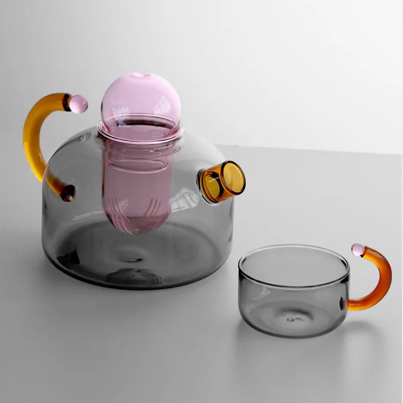 colorful design glass teapot with filter and cup