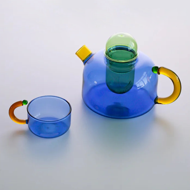 colorful design glass teapot with filter and cup