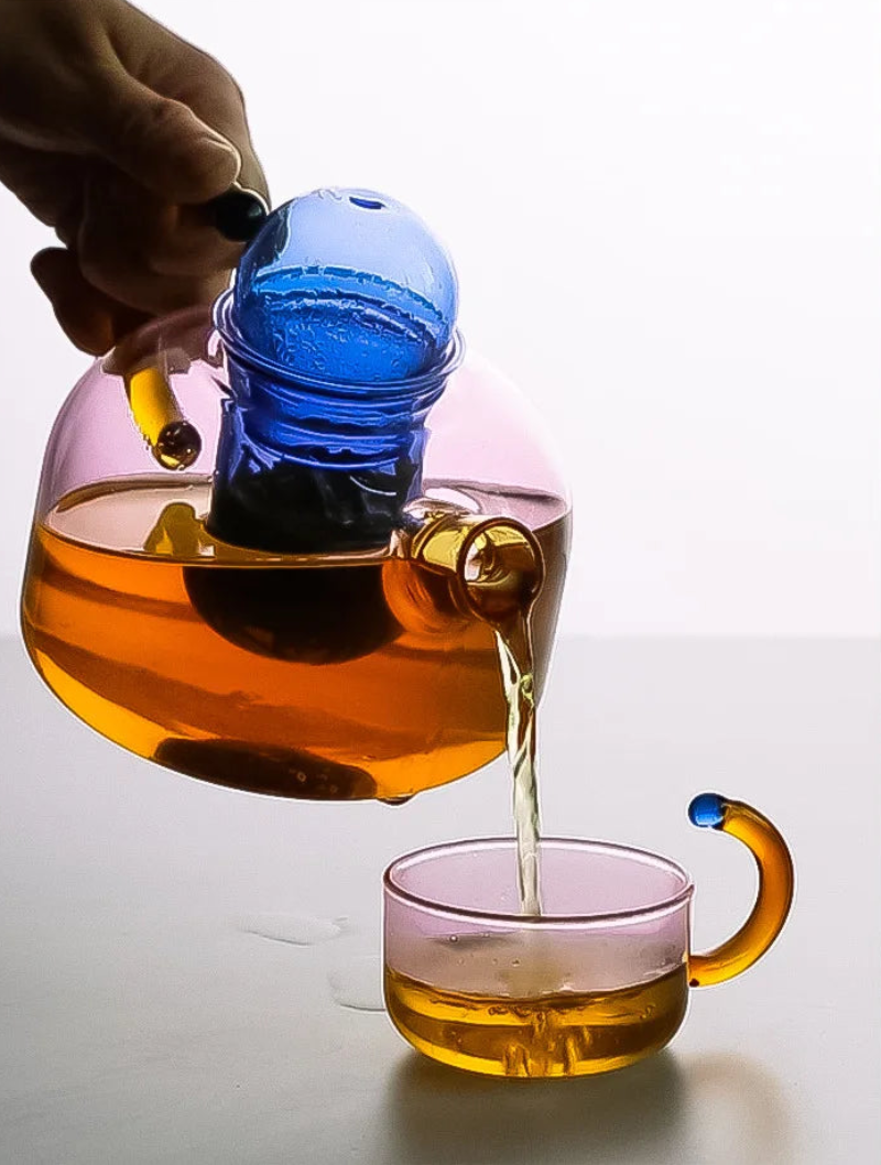 colorful design glass teapot with filter and cup