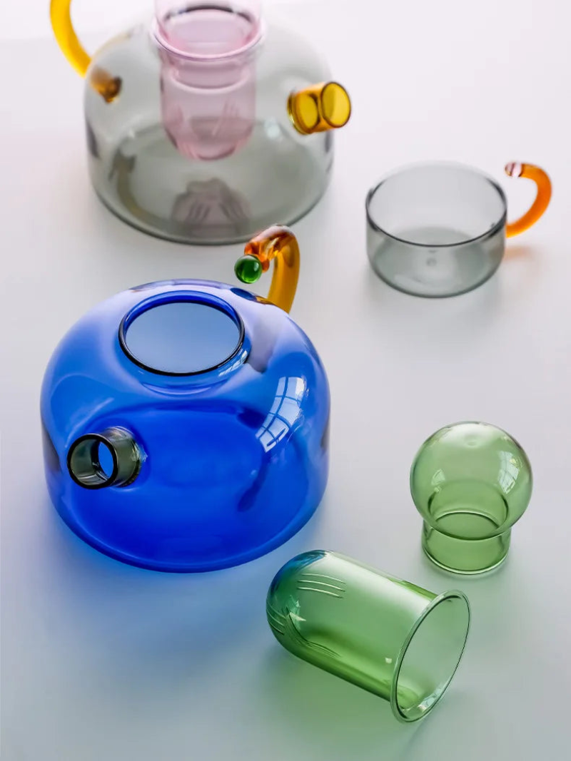 colorful design glass teapot with filter and cup