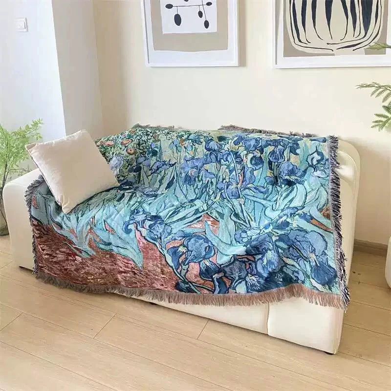 Flower Print Woven Throw Blanket Artistic Cotton Tapestry for Bed, Sofa, and Wall Decor