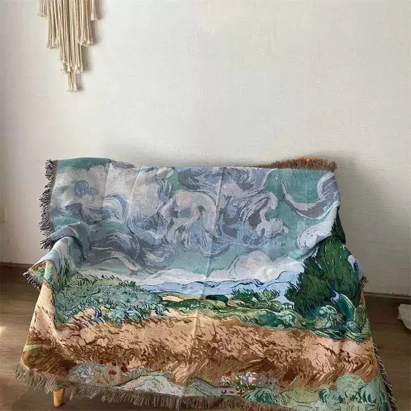 Van Gogh Wheat Field with Cypresses Woven Throw Blanket Artistic Cotton Tapestry for Bed, Sofa, and Wall Decor