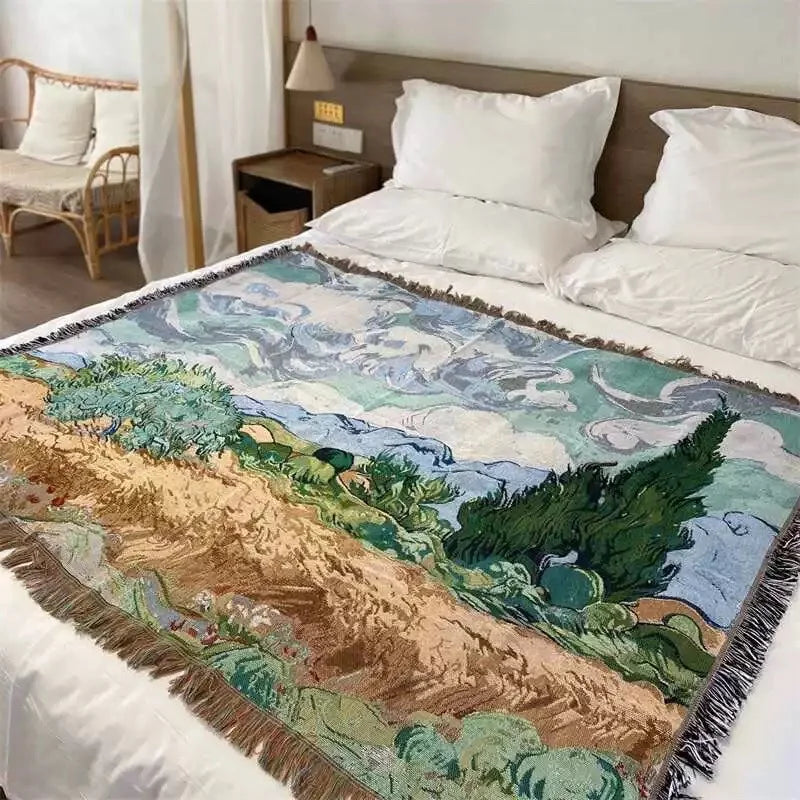 Van Gogh Wheat Field with Cypresses Woven Throw Blanket Artistic Cotton Tapestry for Bed, Sofa, and Wall Decor