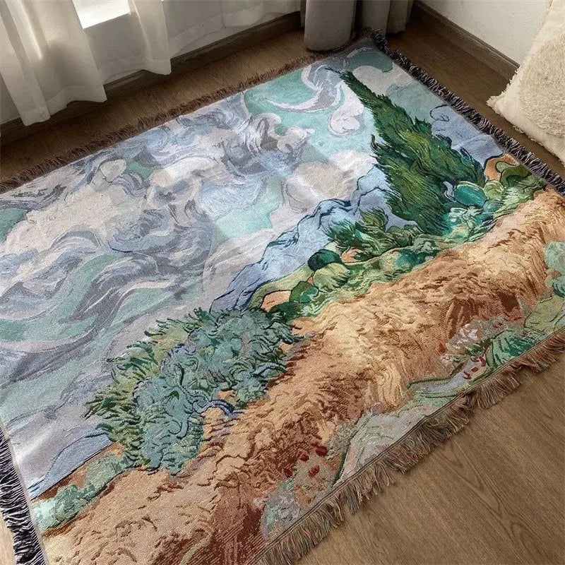 Van Gogh Wheat Field with Cypresses Woven Throw Blanket Artistic Cotton Tapestry for Bed, Sofa, and Wall Decor