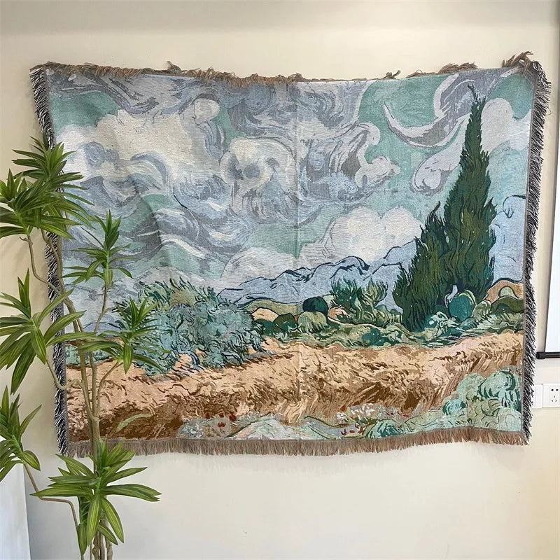 Van Gogh Wheat Field with Cypresses Woven Throw Blanket Artistic Cotton Tapestry for Bed, Sofa, and Wall Decor