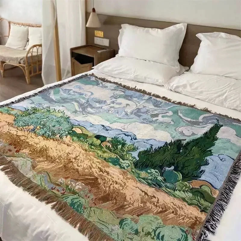 Van Gogh Wheat Field with Cypresses Woven Throw Blanket Artistic Cotton Tapestry for Bed, Sofa, and Wall Decor