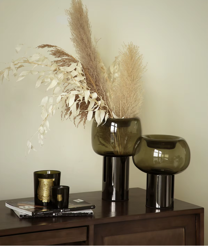 Dark smoky glass vase with modern metallic base sleek design for flowers, dried arrangements and other decor