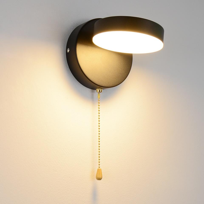 black Disk Rotate Metal LED Wall Lamp with Pull Chain