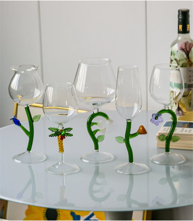 Wine glass with whimsical nature-inspired stems