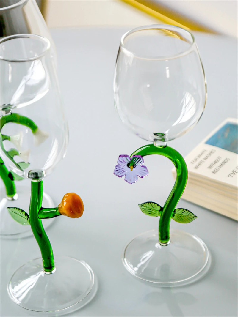 Wine glass with whimsical nature-inspired stems