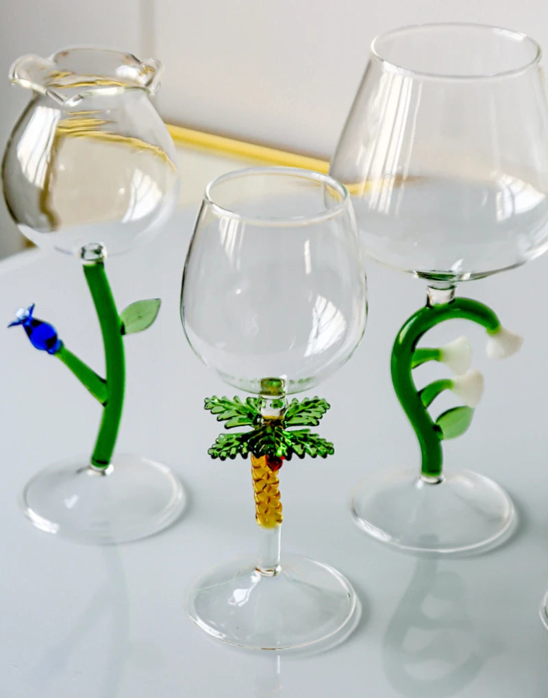 Wine glass with whimsical nature-inspired stems