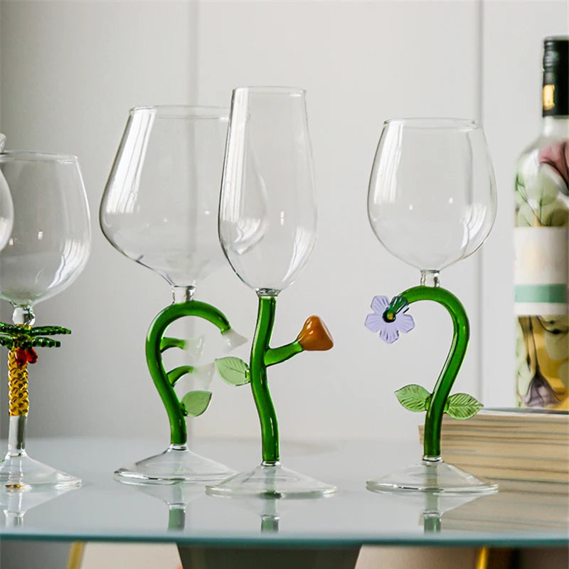 Wine glass with whimsical nature-inspired stems