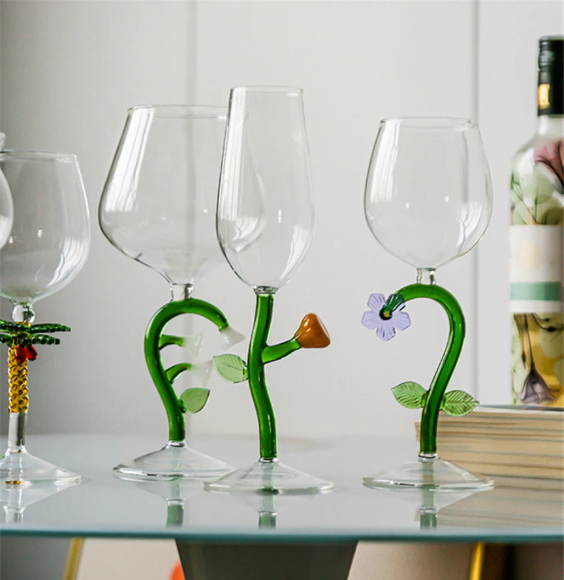 Wine glass with whimsical nature-inspired stems