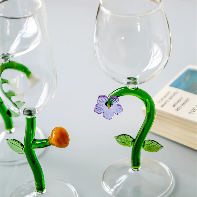 Wine glass with whimsical nature-inspired stems