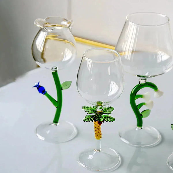 Wine glass with whimsical nature-inspired stems