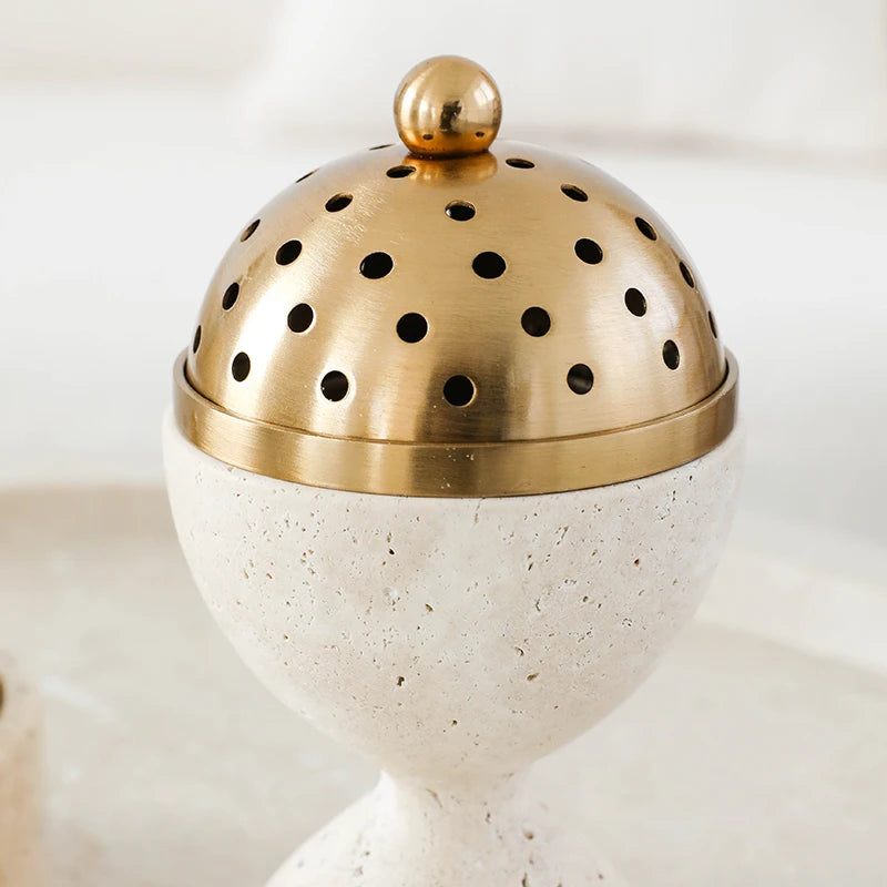 travertine stone incense mabkhara oud bakhoor burner with brass cover