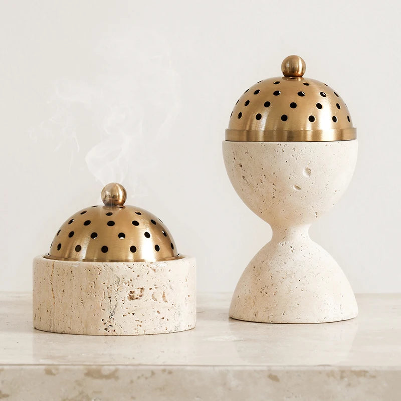 travertine stone incense mabkhara oud bakhoor burner with brass cover