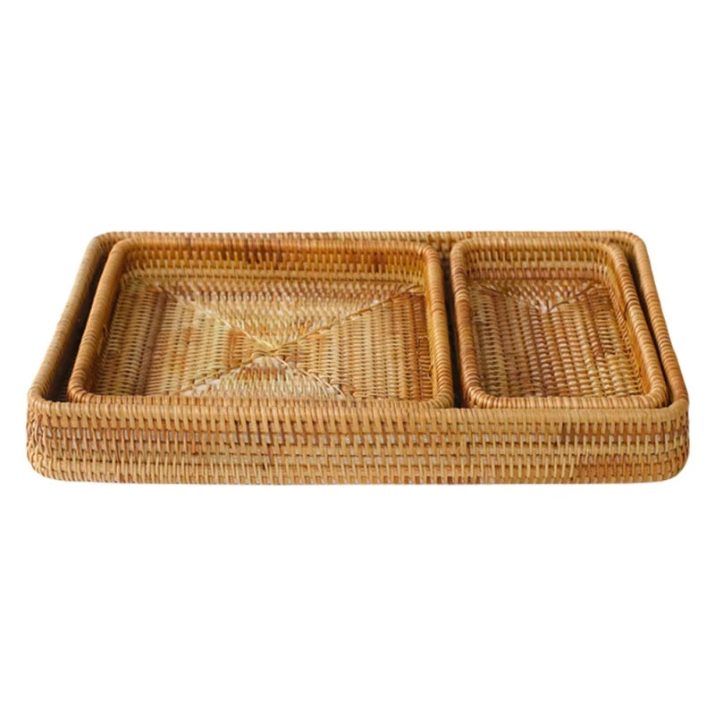 Handwoven rattan serving tray wicker tabletop desktop organizer