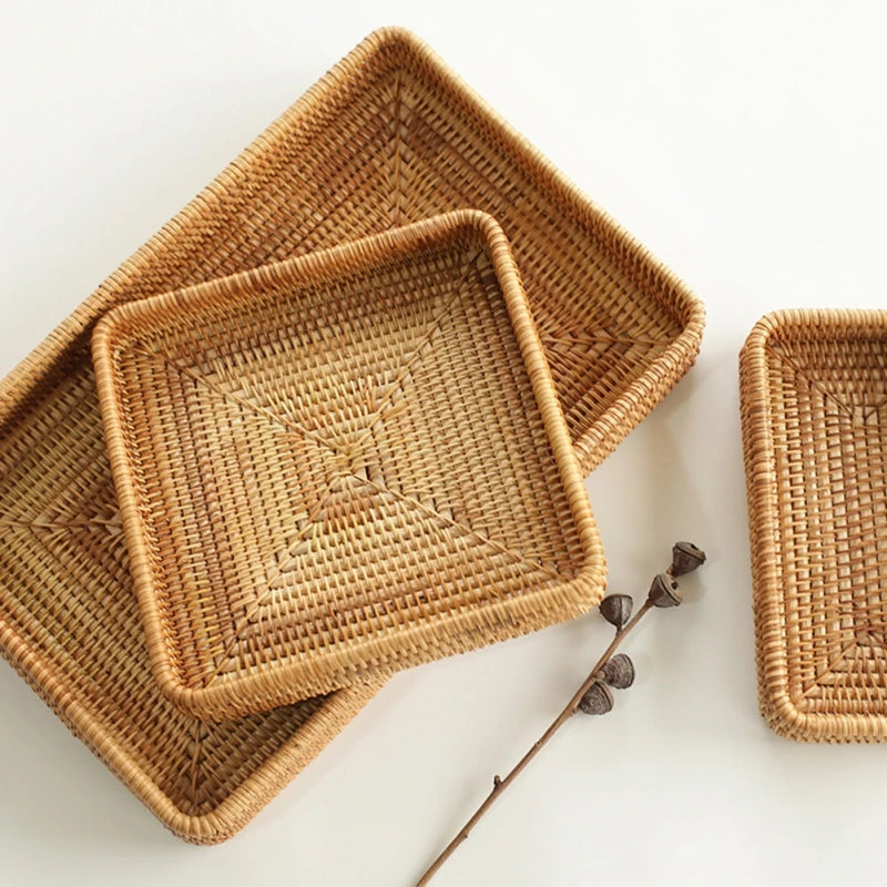 Handwoven rattan serving tray wicker tabletop desktop organizer