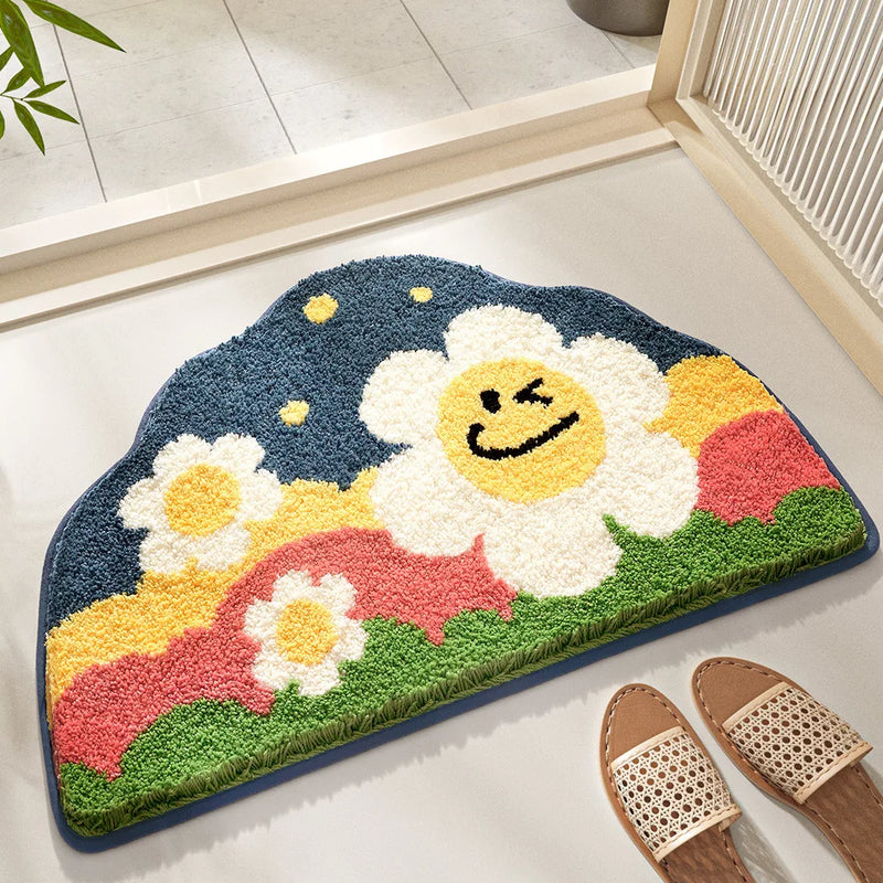 Plush bath mat colorful anti-slip absorbent thick flocking mat for bathroom bedroom cozy whimsical accent mat