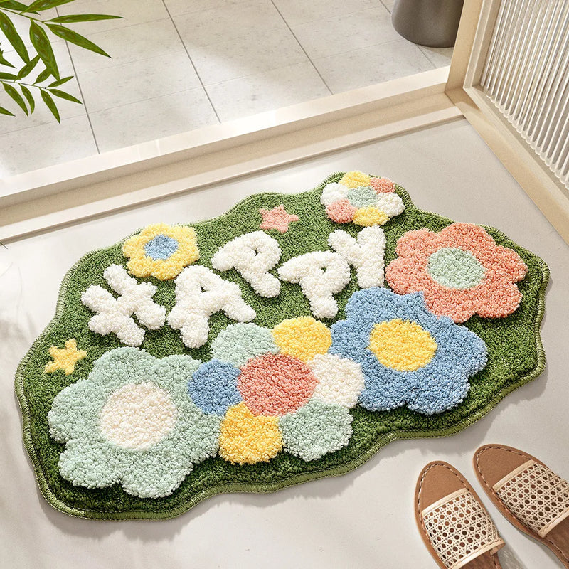 Plush bath mat colorful anti-slip absorbent thick flocking mat for bathroom bedroom cozy whimsical accent mat