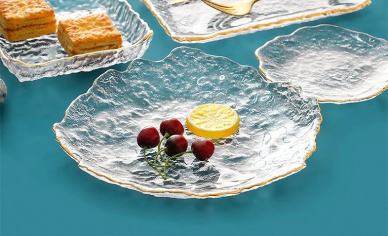 Elegant clear textured dessert plate with gold inlay for desserts appetizers