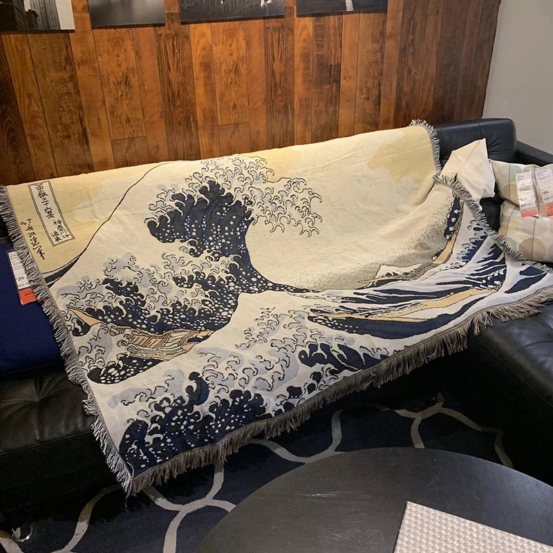 Kanagawa Great Wave throw blanket artistic woven tapestry for bed sofa or wall décor