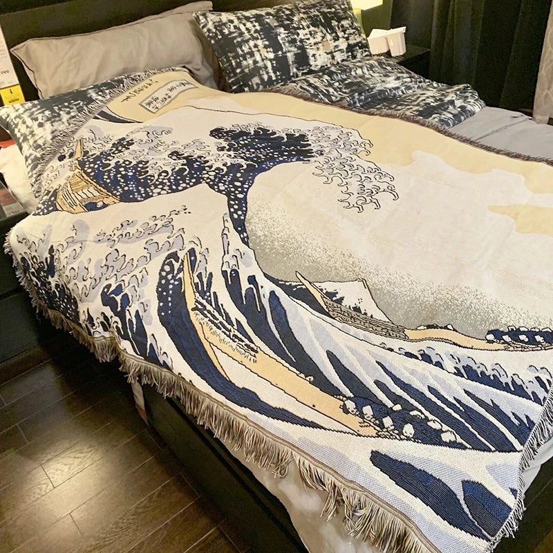 Kanagawa Great Wave throw blanket artistic woven tapestry for bed sofa or wall décor