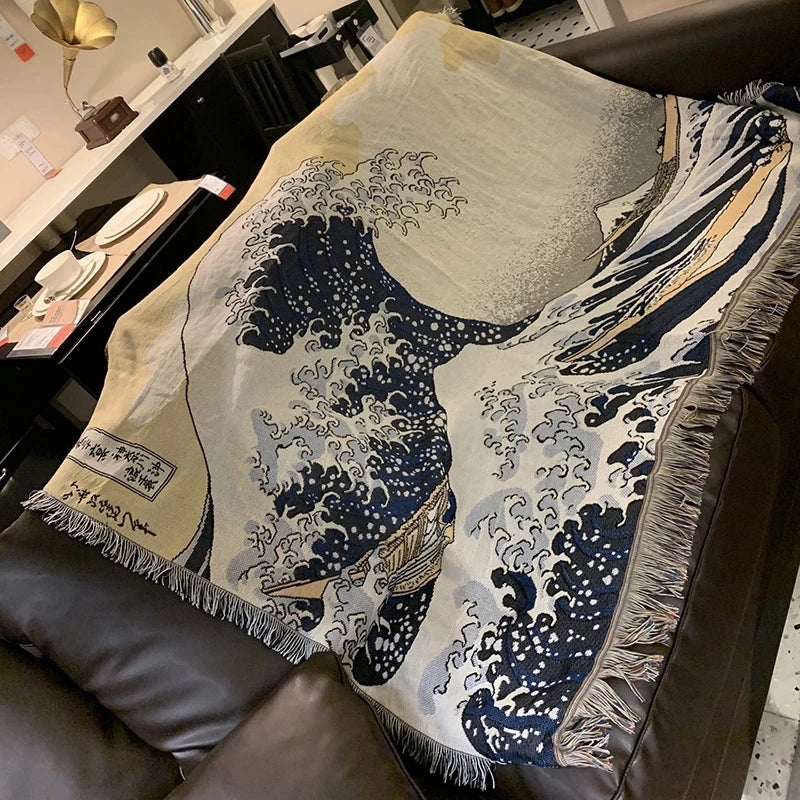 Kanagawa Great Wave throw blanket artistic woven tapestry for bed sofa or wall décor