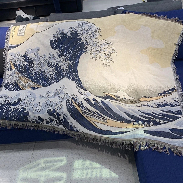 Kanagawa Great Wave throw blanket artistic woven tapestry for bed sofa or wall décor